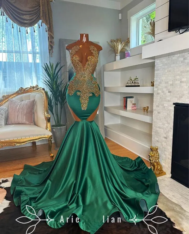 Emerald Green Gold Long Evening Ceremony Party Dresses for Black Girl Sparkly Luxury Diamond Prom Gown vestidos de gala 2024