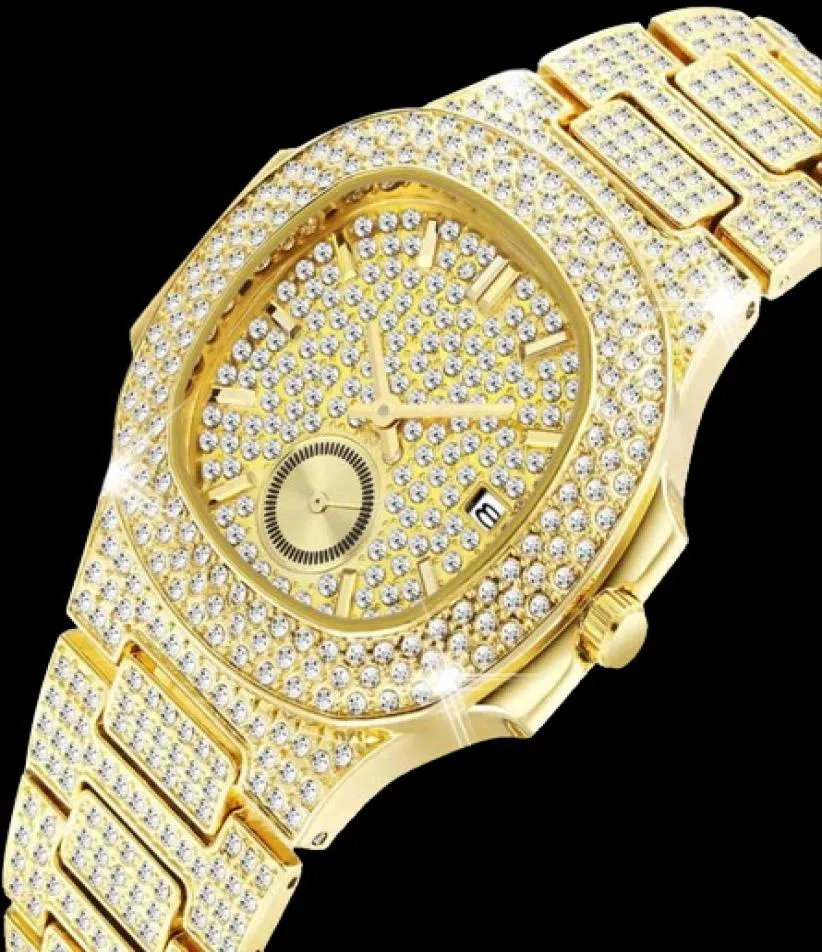 18K Gold Watches for Men Luxury Full Diamond Men039s Assista a moda Quartz Avanadores AAA CZ HIP HIP IBED OUT MASCO RELOJ5989502