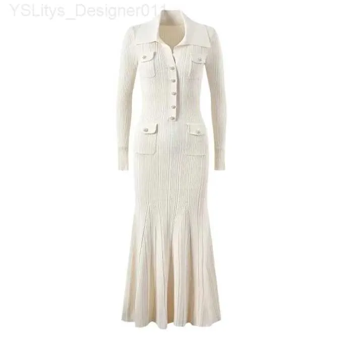 Basic Casual Dresses EFATZP White Knitted Long Skirt for Womens 2024 Early Spring New French Elegant V-neck Long Skirt C240411