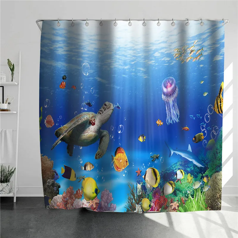 Ocean Beach Shower Curtains Island Sailboat zeester zeeschildpad vissen onder water landschap bad gordijn stoffen badkamer decor haken