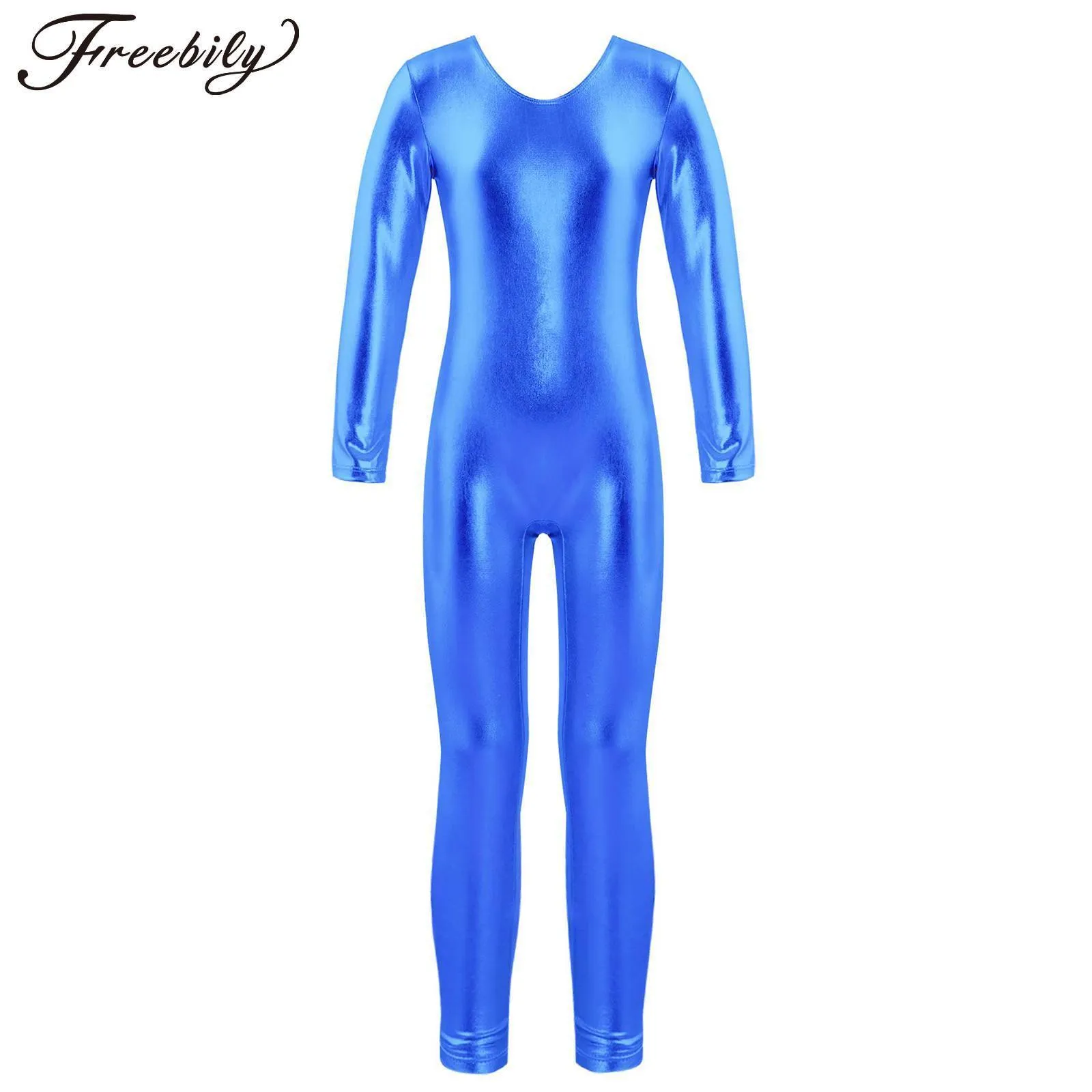 Kinder Mädchen glänzende Metallic Full Bodysuit Tanzwear Jungen Langarmes Gymnastik Jumpsuit Ballett Einheit Tanz Performance Anzug