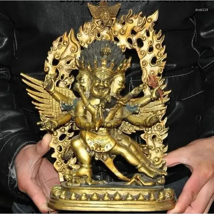 Dekoracyjne figurki 12 '' Buddyzm tybetański Brązowy pozłacany Mahakala Vajrakilaya Wrathful Statua Buddha