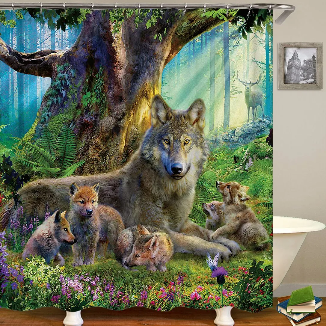 3D Wolf Deer Tiger Bear Animal Printed Tyg Duschgardiner Badrumsgardin Bad Skärmvattentät heminredning med krokar