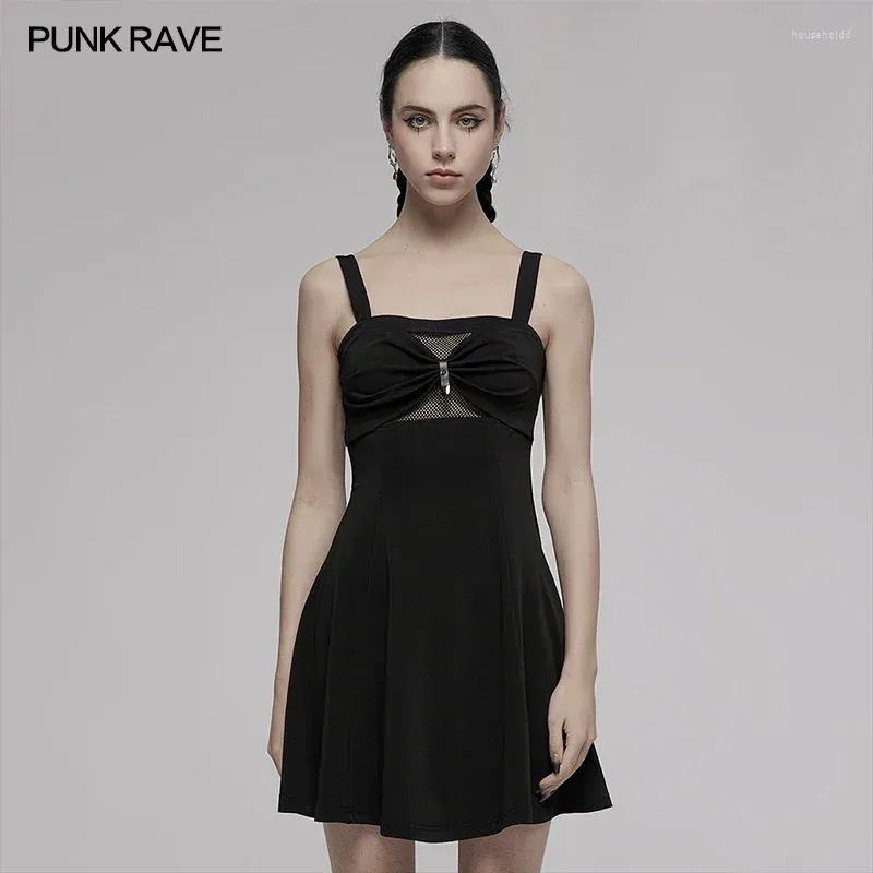 Casual jurken punk rave rave dames gothic dagelijkse donkere slanke fit sexy kleine a-vormige suspener jurk boog persoonlijkheid zwarte vrouwen zomer