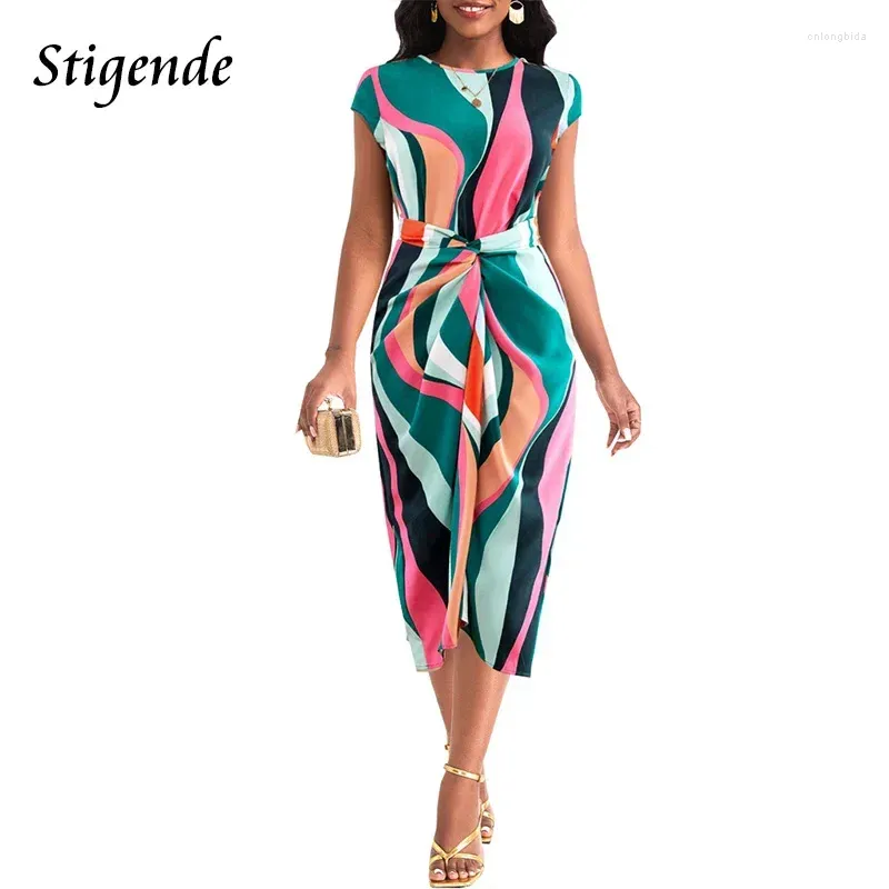 Party Dresses Stigende Ruched Lace Up Loose Fit Print Dress Women Casual O Neck Bodycon Bandage Midi