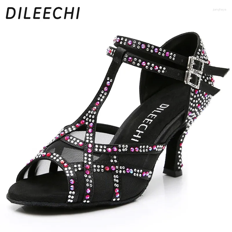 Dance ayakkabıları Dileechi Latin Siyah Net Büyük Küçük Rhinestones Kadın Balo Salonu Dans 7.5cm Yüksek Yüksek