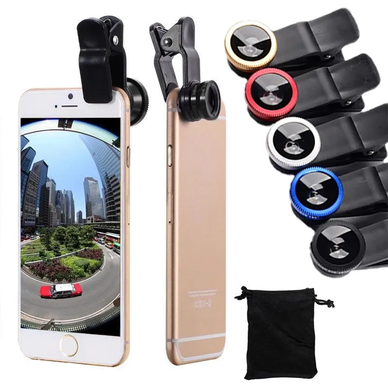 3 en 1 lente de teléfono de peces 0.67x Lente de ojos de pescado zoom de gran angular con lente de clip en el teléfono para iPhone Huawei Xiaomi Lentes macro