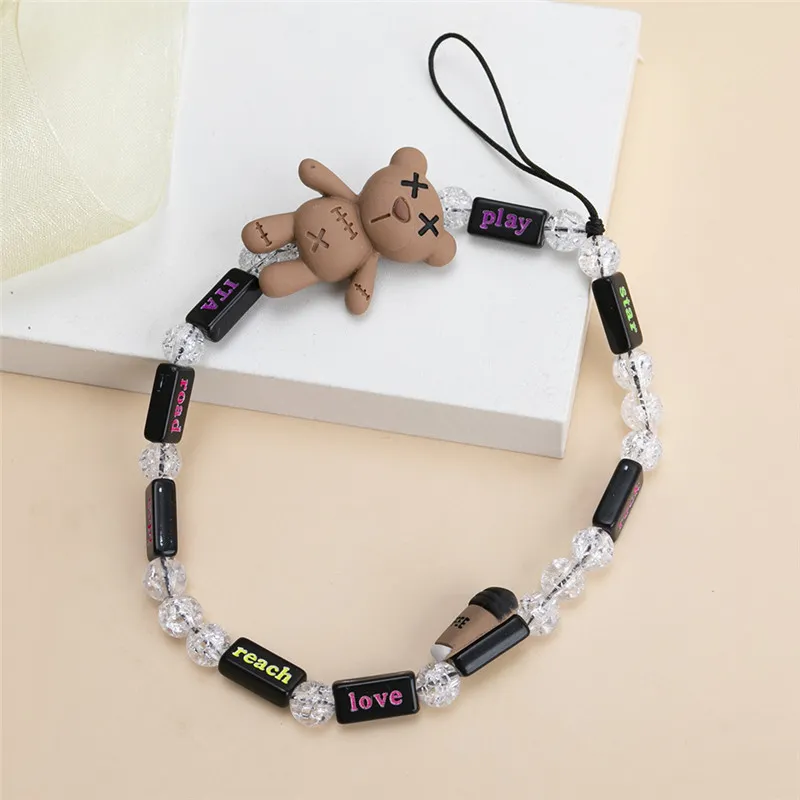 New Sweet Kawaii Bear Mobile Phone Chain Hand Beaded Acrylic Lanyard High-End Anti-Fall Wrist Chain Jewelry Accessories