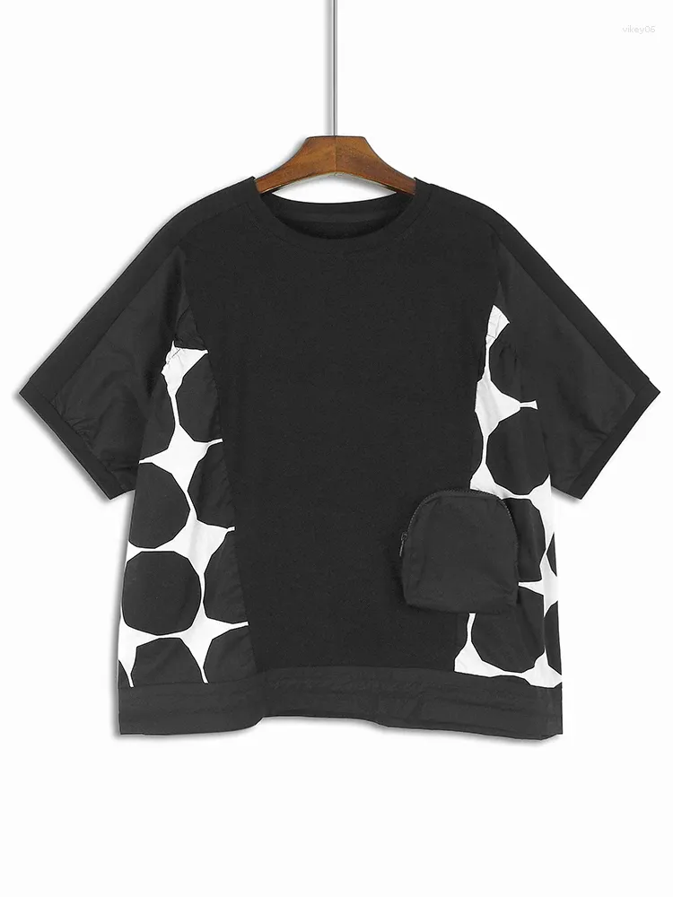 Dames t shirts mode dot geprinte t-shirt drie-d pocket patchwork batwing mouw contrast kleur losse tees lente 2024 tide xx22