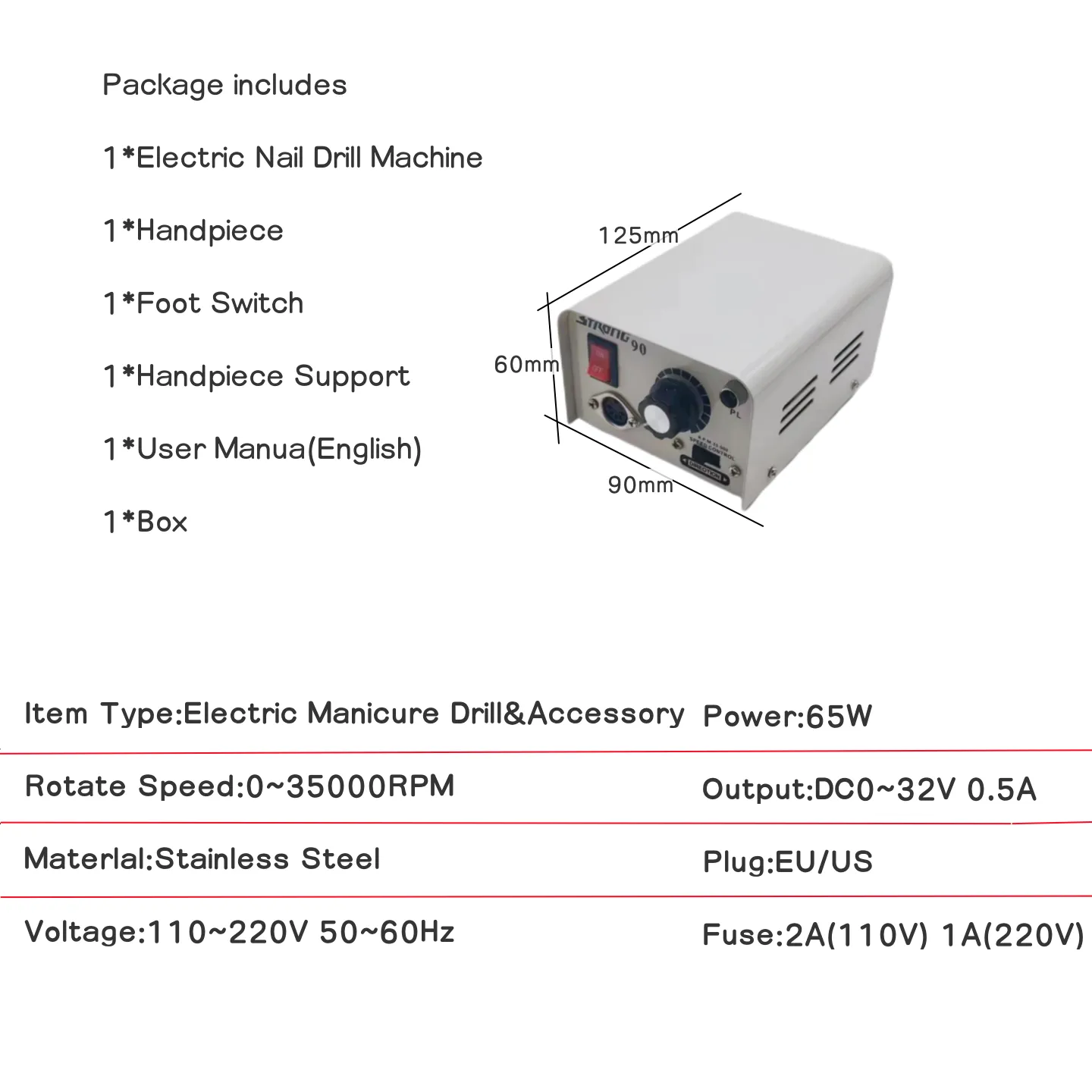 65W Strong 90 Electric Nail Drill 35000 دورة في الدقيقة قوية 120ii مقبض تعزيز الأظافر وآلة العطاءات جهاز الأظافر الاحترافي