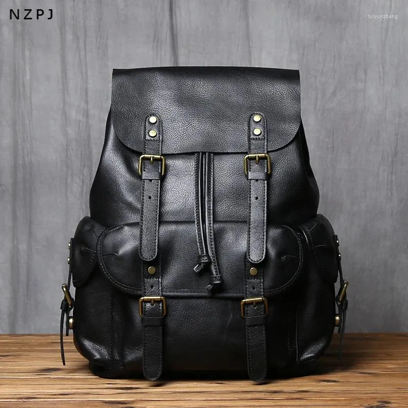 Backpack NZPJ Genuine Leather Men's Casual Bag Natural Cowhide Book Laptop Computer Large Capacity