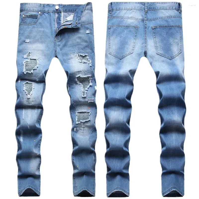 Jeans maschile stile hip hop in stile multipli patch valley osso blu vernice azzurra schiocco piccola gamba dritta