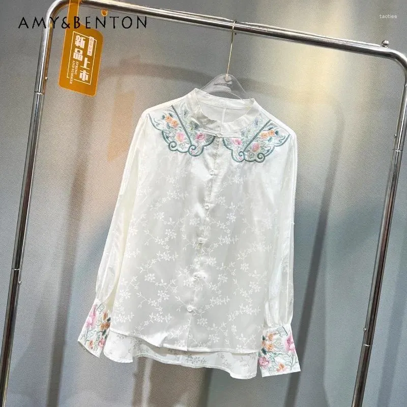 Women's Blouses Chinese stijl Jacquard Blouse voor vrouwen 2024 Spring vintage borduurwerk losse satijnen shirt bovenaan