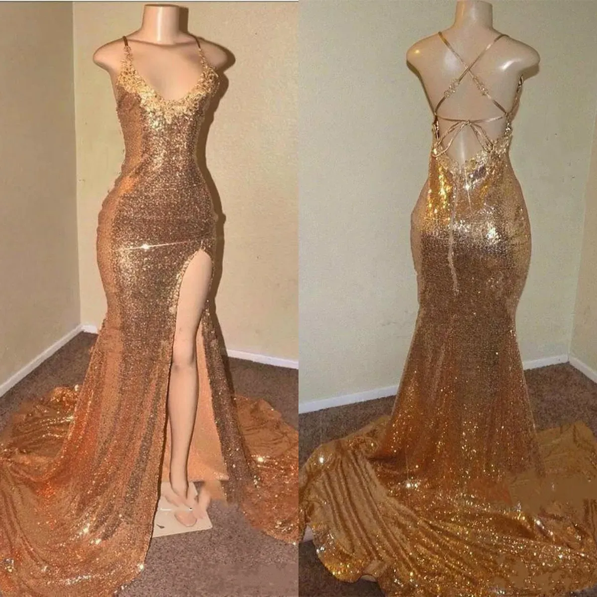 Gold Mermaid Prom -klänningar 2024 Sexig rygglös spaghettigemor Front Split Long Sequined Evening Gowns Sweep Train Party Dresses