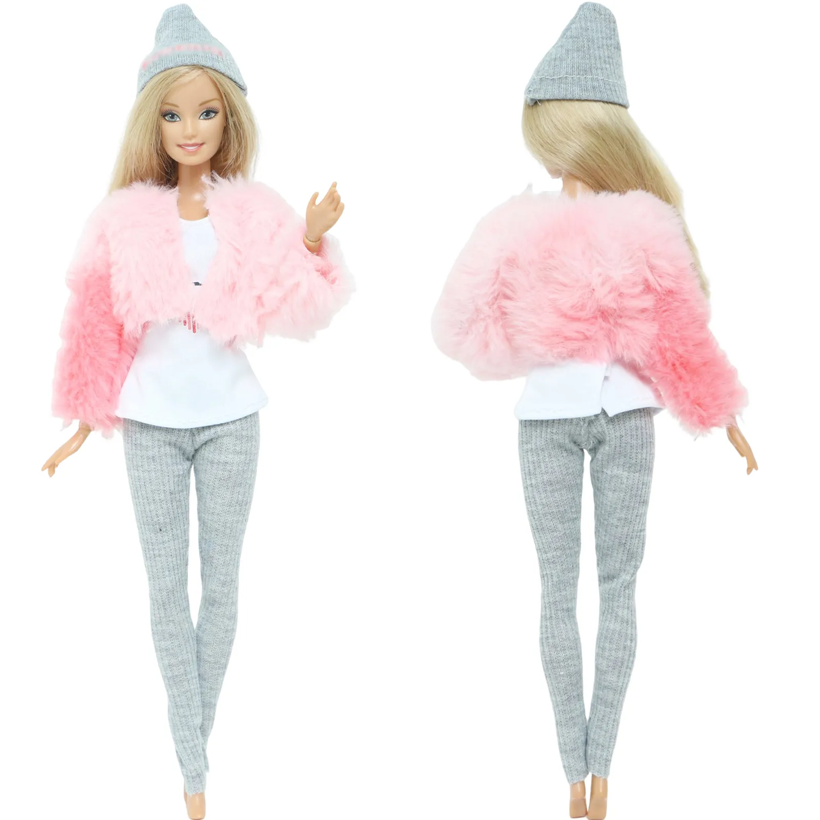 Warm Winter Clothes Outfit for Barbie Doll Pink Fur Coat Vest Trousers Hat 2024