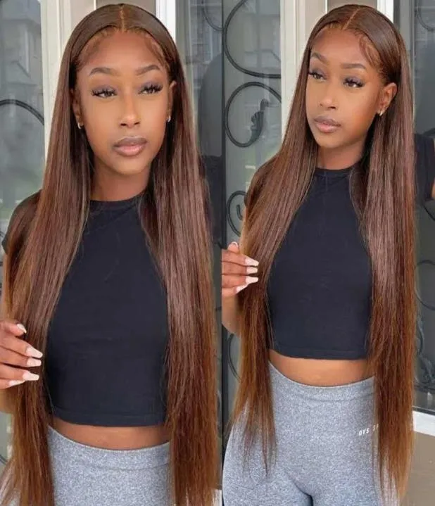 Lace Wigs Colored Chocolate Brown Straight Front Wig 4 Color 13x4 Frontal PrePlucked Remy Brazilian Bone8466039