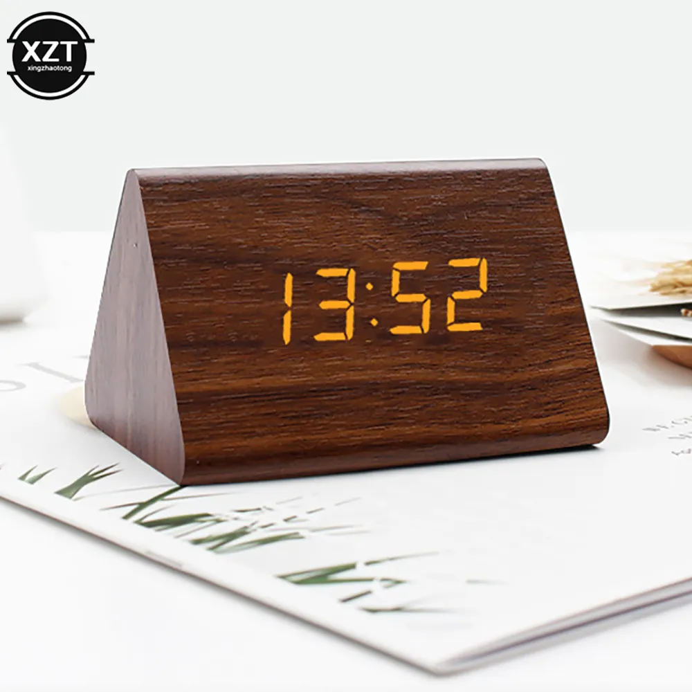 北欧のデジタル時計LED木製目覚まし時計テーブルサウンドコントロール電子時計デスクトップUSB/AAA搭載ホームテーブルの装飾