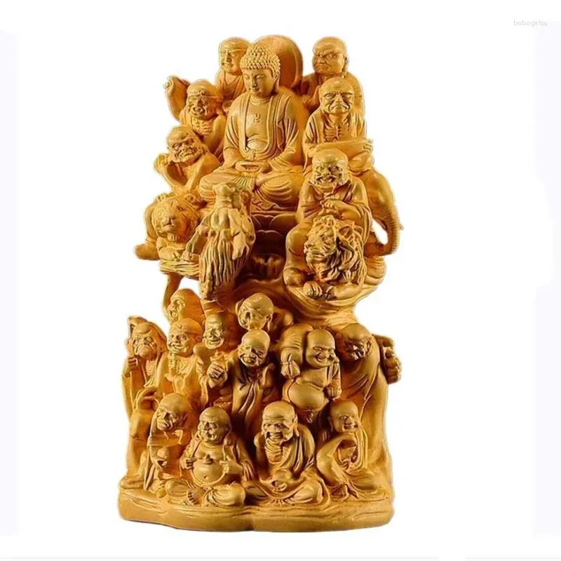 Decorative Figurines Wood Carving Eighteen Arhats Buddha Figurine Aesthetic Room Decor Desk Statue Ornaments Home Guarding Sculpture