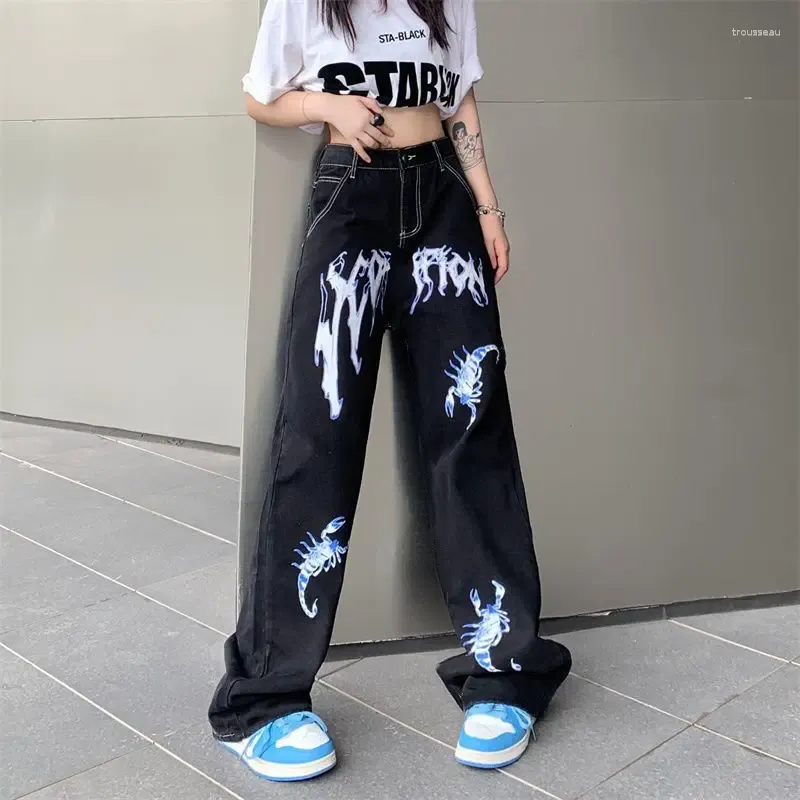 Men's Jeans Y2k Printed Man Woman Black Trousers For Men Trends Clothes Pants Youth Trendyol Streetwear Baggy Casual Straight