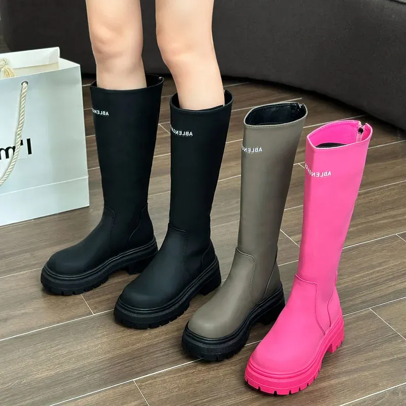 Boots Rose red Autumn Winter Women Flats Heel Women Long Boots High Quality Soft Leather Ladies Knight Boots Casual Kneehigh Boots