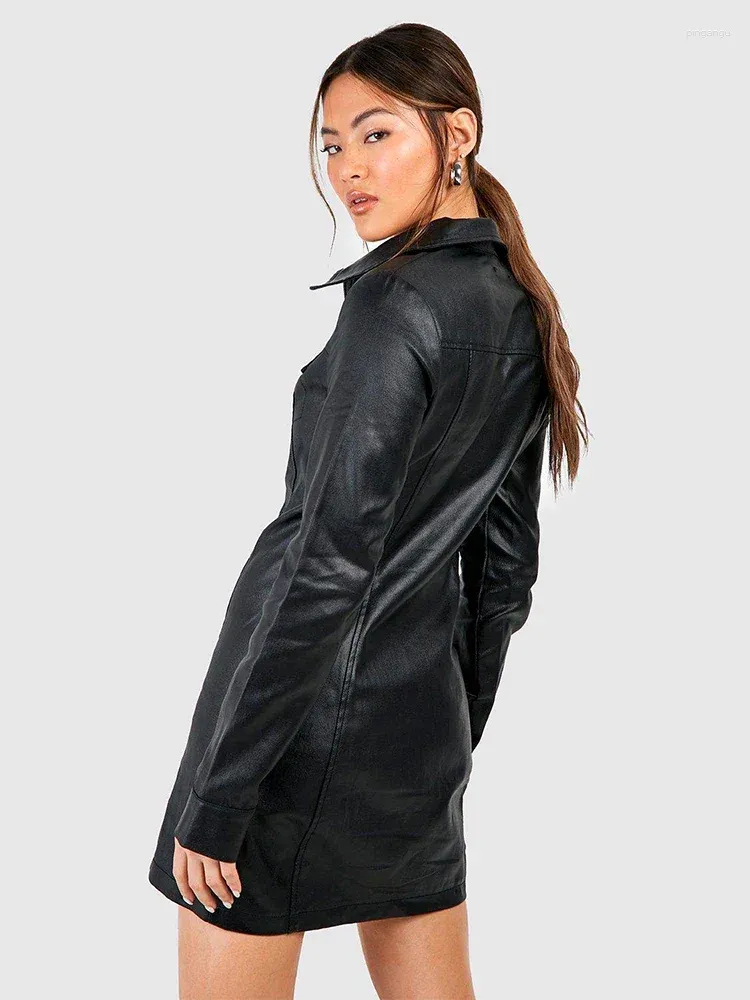 Mini Faux Leather Dress for Women Black Slim Fit Turn-Down Collar Short  Sleeve Front Zipper from Dhgate Basic & Casual Dresses - price 70.2