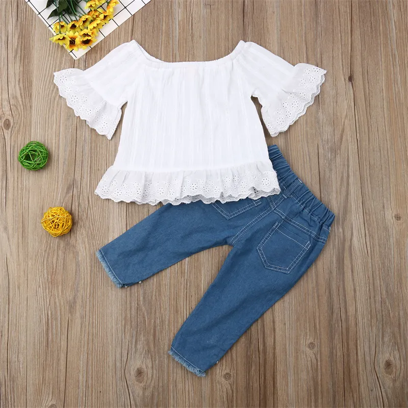 Summer Outfits: Baby Girls Ruffle Top Ripped Jeans Set