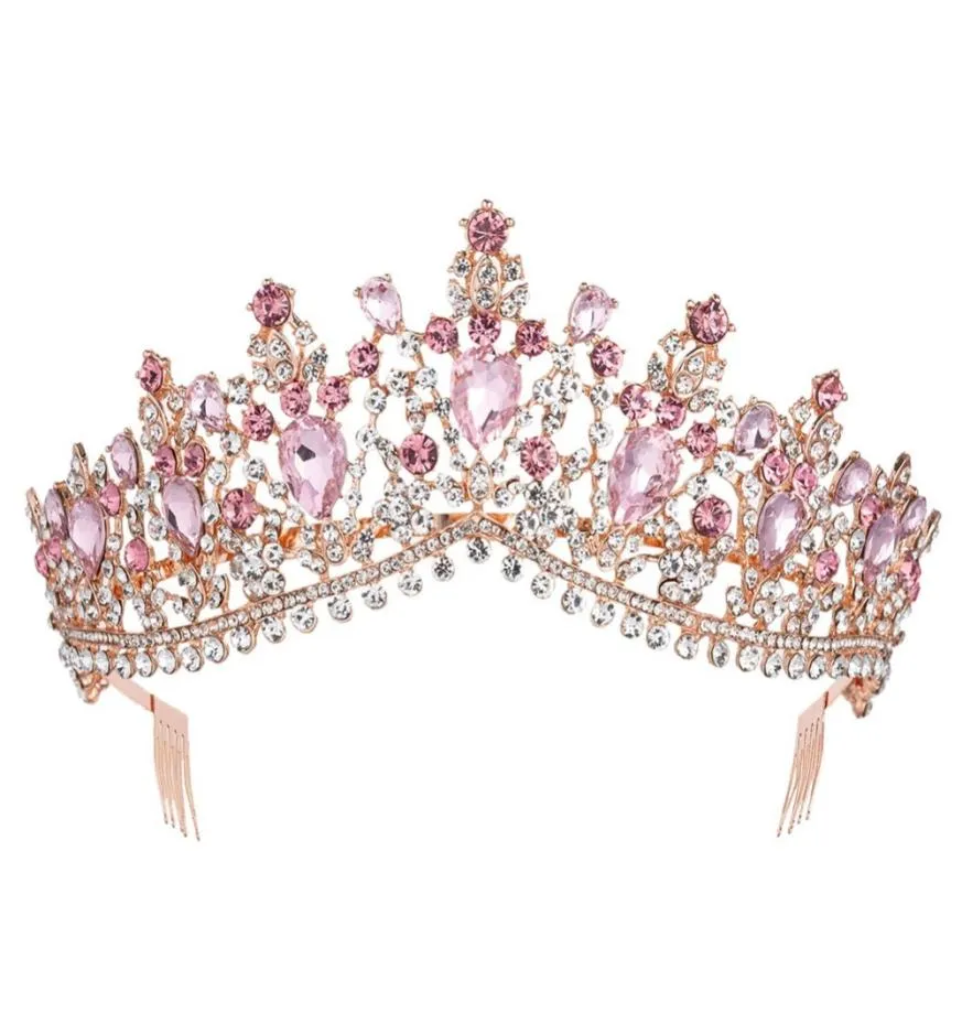 Barokke roségouden roze kristallen bruids tiara kroon met kam optocht prom steigentoon sluier tiara hoofdband bruiloft haaraccessoires y7268342