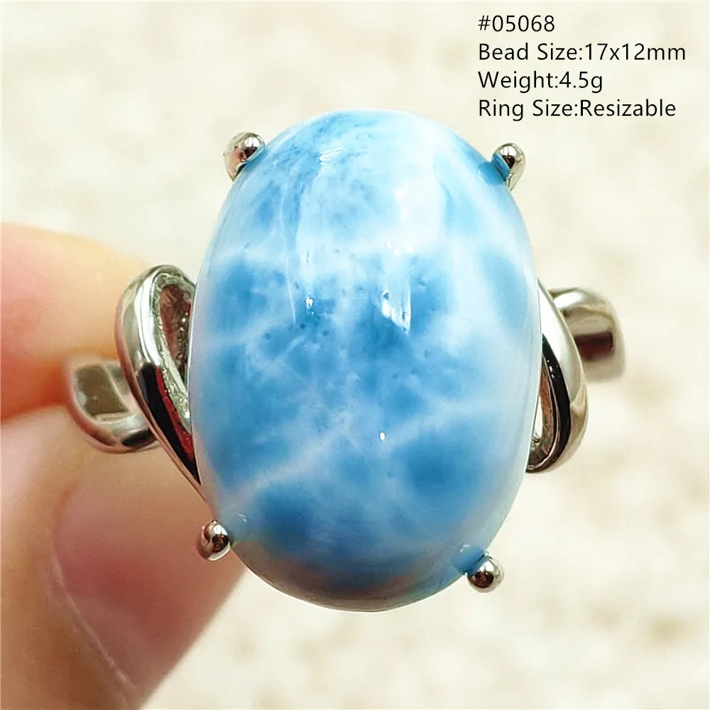 Natural Blue Larimar Adjustable Ring Jewelry Oval Dominia Bead Water Pattern Gemstone 925 Sterling Silver AAAAAA