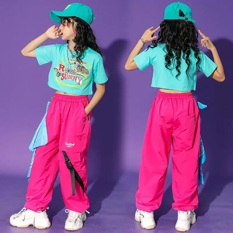 키즈 십대 힙합 의류 작물 Tshirt Tops Streetwear Pink Cargo Pant for Girls Stage Wear Jazz Dance Costumes Rave Close