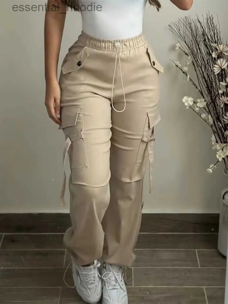 Women's Pants Capris Womens Cargo Pants 2024 Spring Fashion Street Pocket Design Dstring Cuff Pants Womens Daily Casual Pants C240411