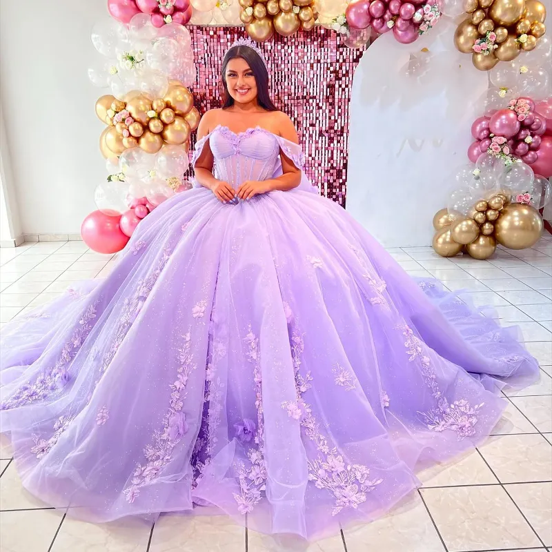 Lavande lilas linac robe quinceanera avec des paillettes appliques en dentelle à arc perle perle mexicain sweet 16 vestidos de xv 15 anos anniversaire