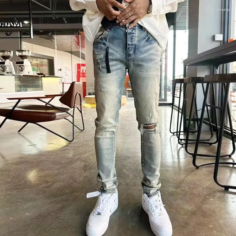 Men's Jeans High Street Fashion Designer Men Retro Washed Yellow Blue Stretch Skinny Fit Ripped Hip Hop Brand Pants Hombre