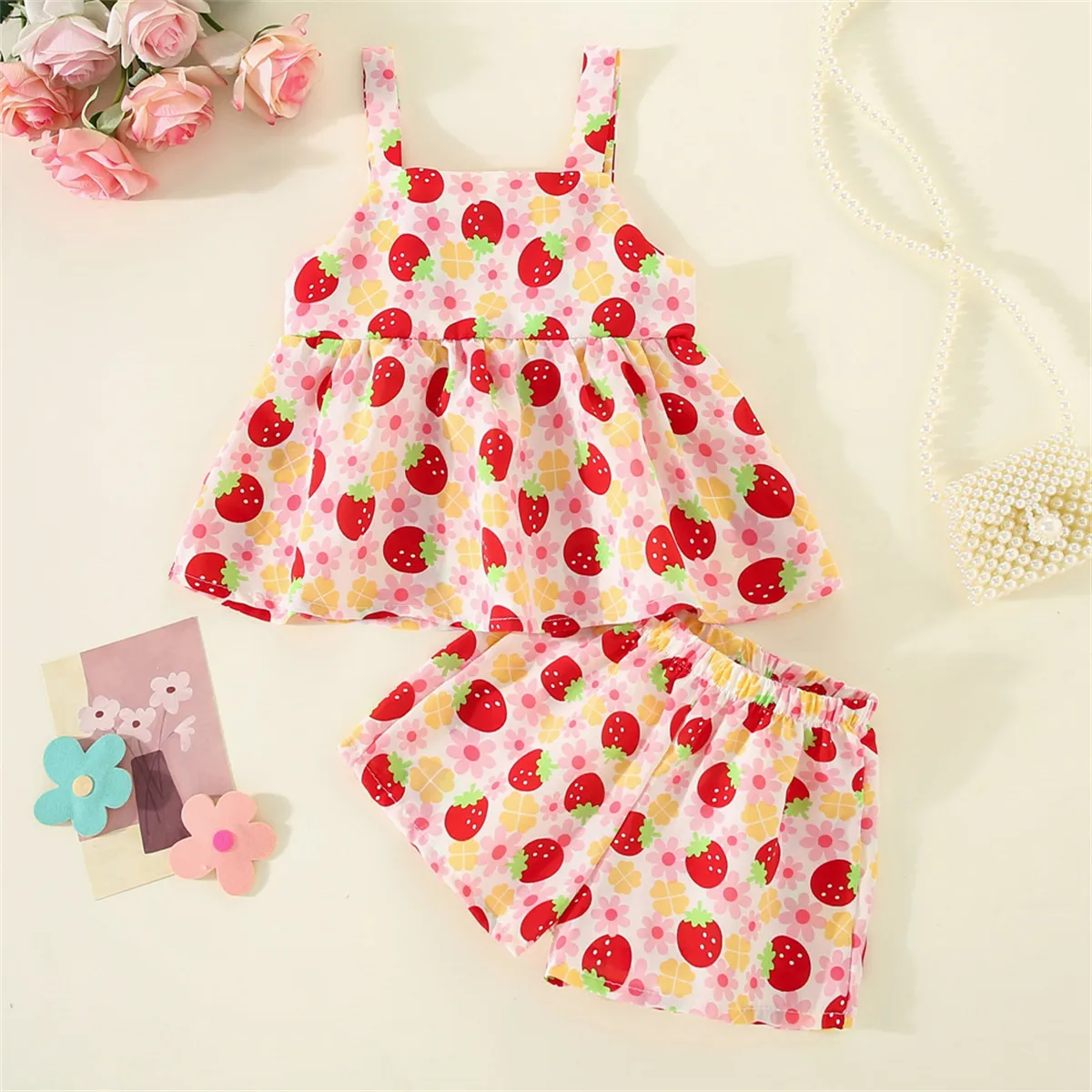 2 Stücke/Set 2023 Sommer Kinder tragen neue Blumen Erdbeerabdruck Bug dekorative Gurt Top+Shorts Koreanische Set