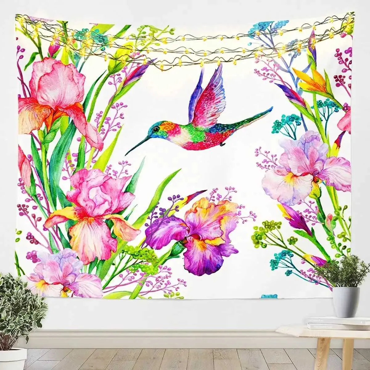 Hummingbird Tapestryart Lily Flowers Birds Birds Tapases and Color Splashs in Watercolor Painting Stylewall suspendu pour la chambre R0411