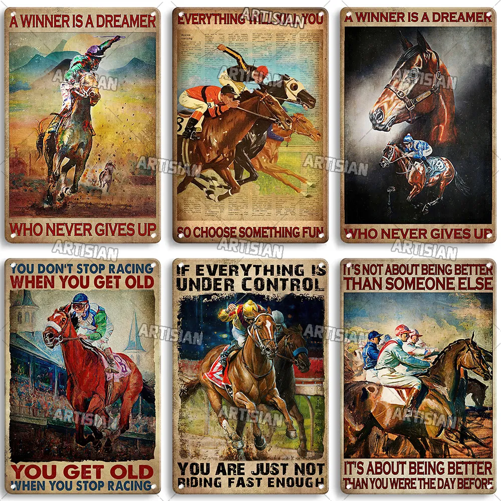 Artisian Vintage Riding Horse Decoratieve poster Classic Racing Metal Tar Bord Rusty Metal Plaque Bar Kitchen Studio Wall Decor