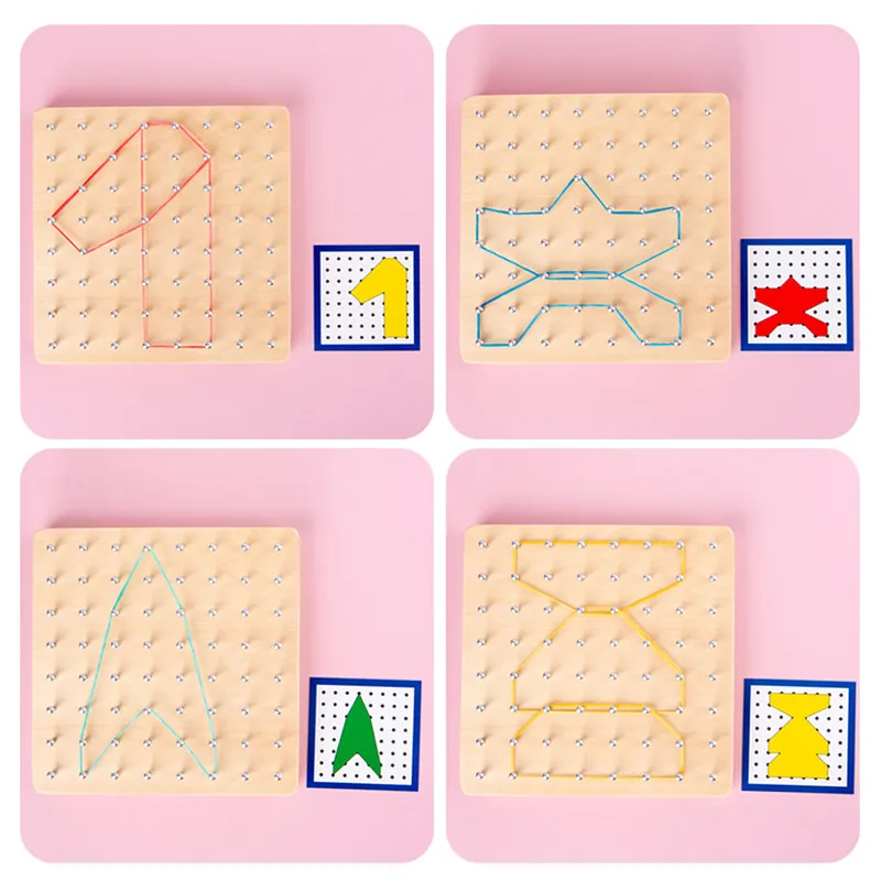 Trinjos de madeira de matemática infantis Conjunto de formato geométrico Game de unhas de borracha Montessori Educational Creative Toy Fine Motor Training