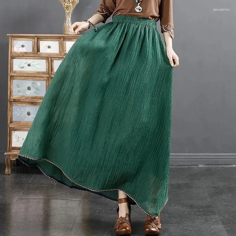 Skirts Spring Autumn Arts Style Women Elastic Waist Loose Long All-matched Casual Texture Cotton Linen Vintage Skirt C745