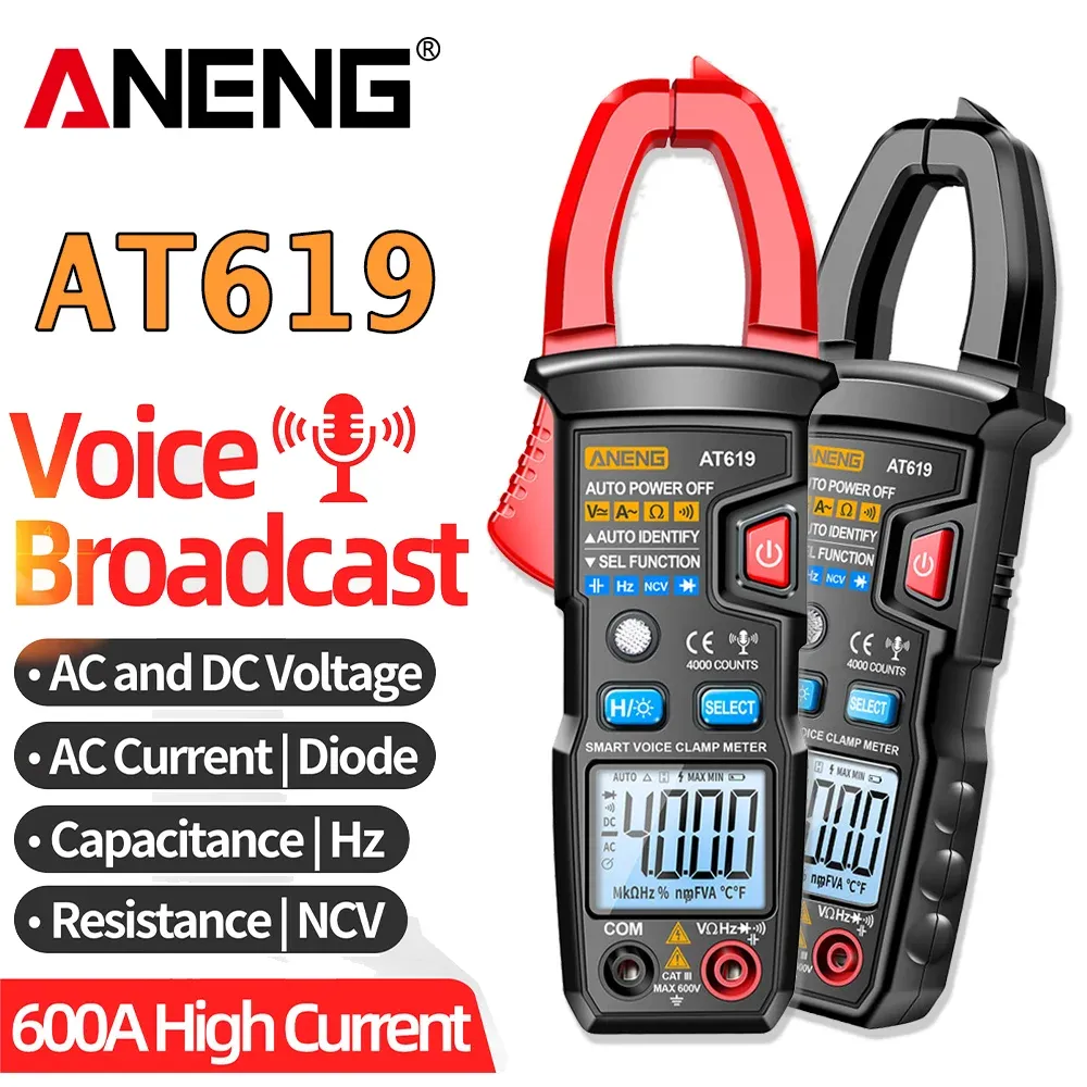 ANENG AT619 Clamp Meter Voice Broadcast AC Current Multimeter Ammeter Voltage Tester Car AMP HZ Capacitance NCV OHM Tester Tools Tools