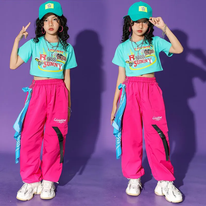 키즈 십대 힙합 의류 작물 Tshirt Tops Streetwear Pink Cargo Pant for Girls Stage Wear Jazz Dance Costumes Rave Close