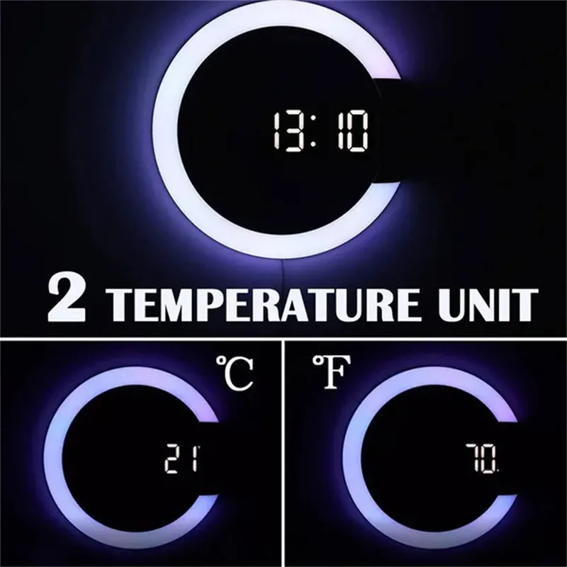 7 couleurs LED Corloges murales thermomètre à télécommande colorée Miroir à LED créatif Muroir mural horloge légère numérique Lumière Corloge intérieure DÉCOR