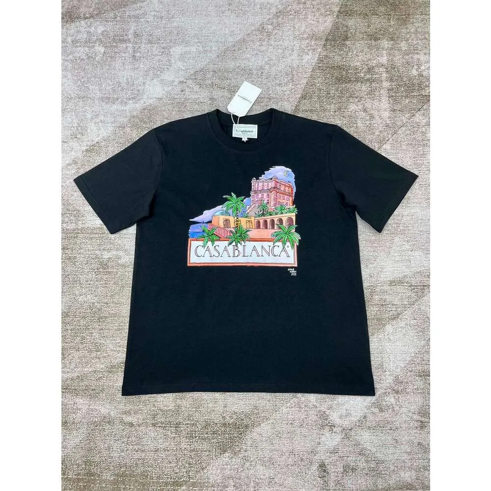 24SS Casablanca heren t-shirts nieuwe losse ronde nek pullover mode korte mouw korte mouw nacht maan kasteel kokosboom vrouwen en heren afdrukken korte mouw t-shirt casablanc