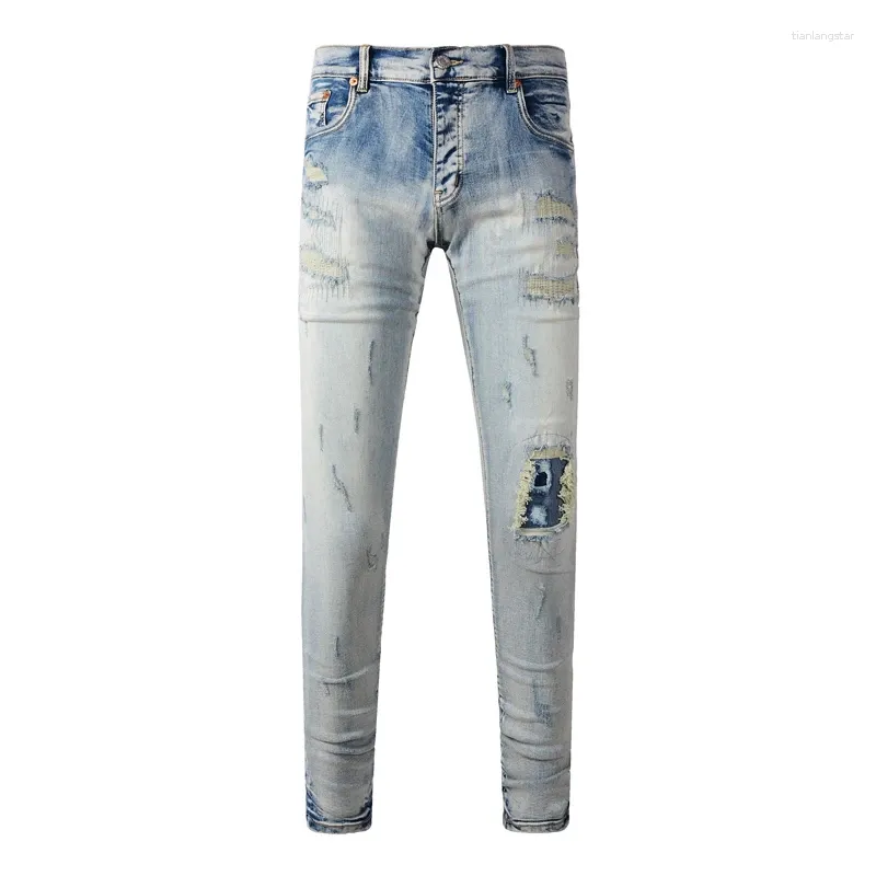 Men's Jeans Destroyed Scratch Hole High Street Slim Fit Skinny Solid Light Blue Denim Pants Streetwear