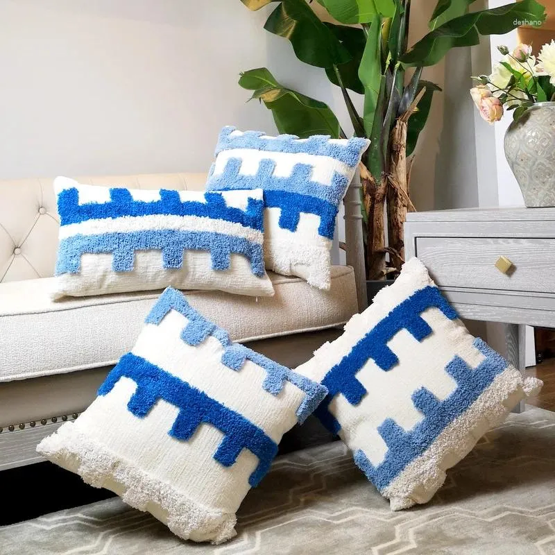 Yastık mavi kapak kasası kanepe koltuk için püsküllü el yapımı basit ev dekoratif tuval 45x45cm boho stil