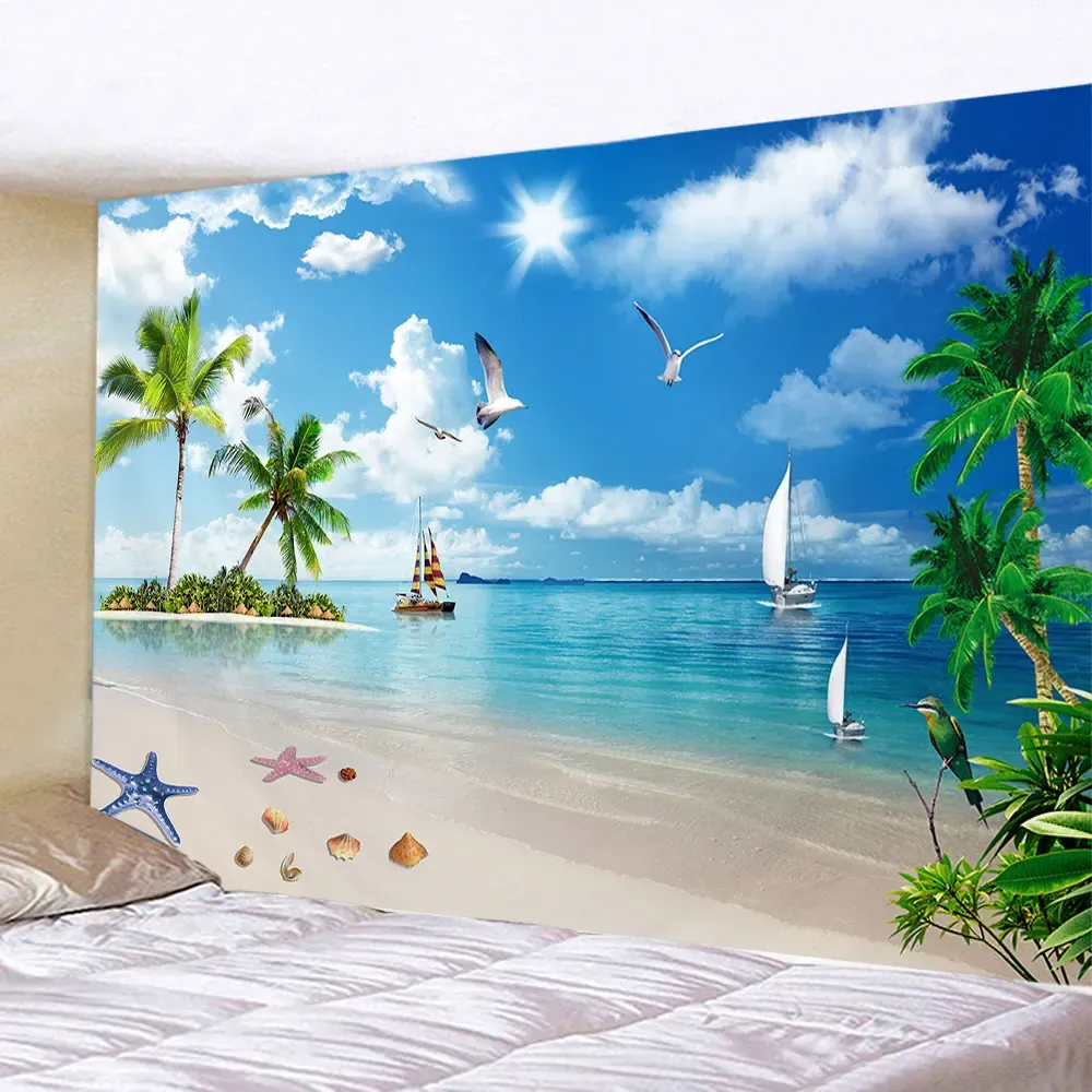 Nature Sea Landscape Tapestry Seaside Coconut Tree Wall Hanging Decorative Art Ocean Beach Tapestry Home Decor Backdrop Ceiling