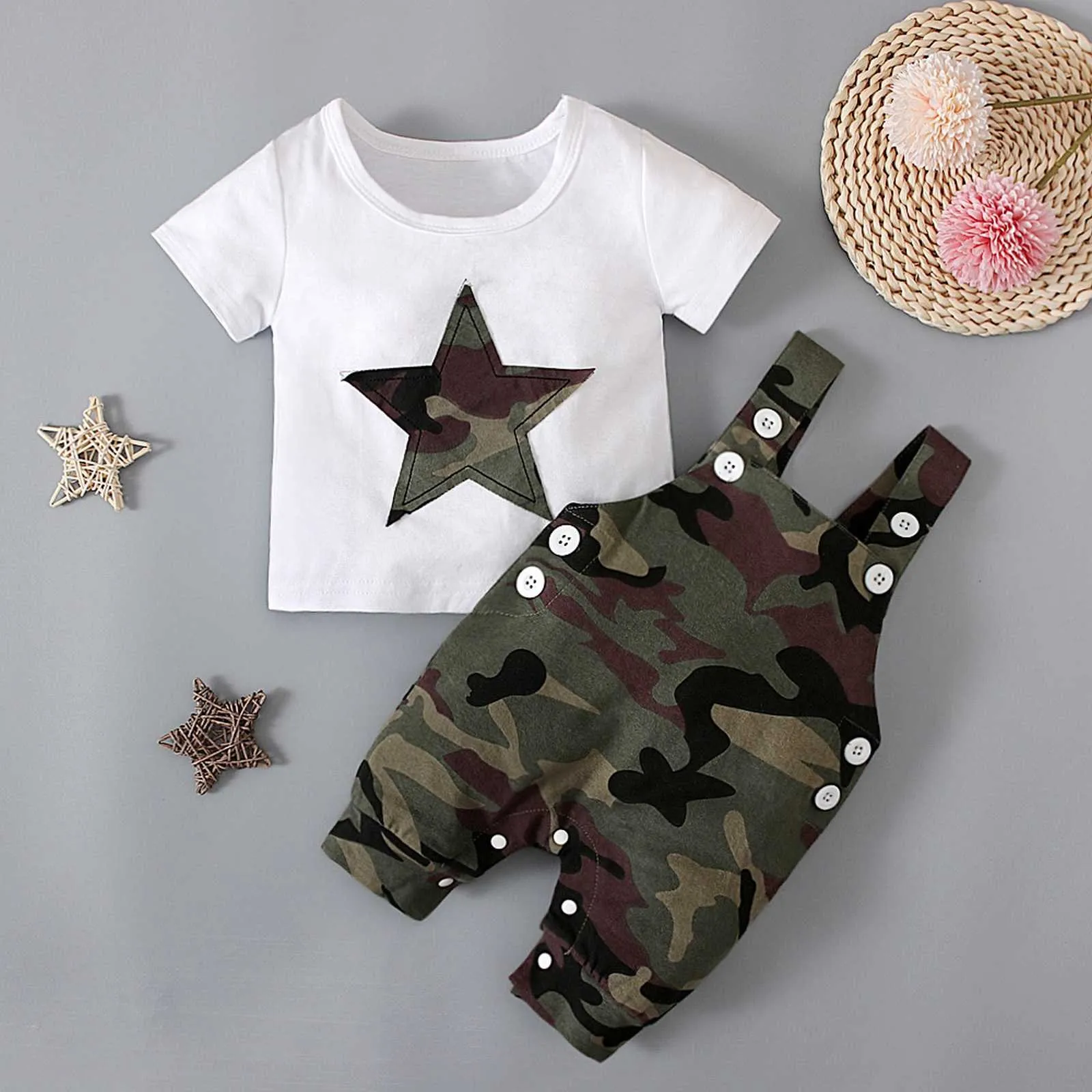 0-3Y Baby Boys Clothes Set Star Top+Camouflage Printed Overall Summer Clothes Pass Kids Toddler Costume 2st Nyfödda kläder