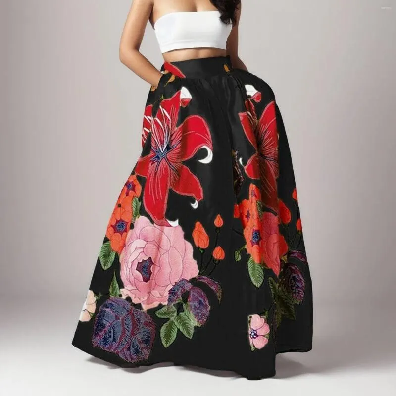 Skirts Women Bohemian Vintage Floral Print Maxi Loose High Waist Pocket Long Summer Hawaiian Casual Daily Beachwear