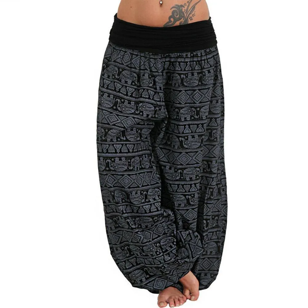 Vrouwen boho olifant print yoga lage taille lange broek losse baggy bloeierbroek joggers brede broek modis streetwear pantalones