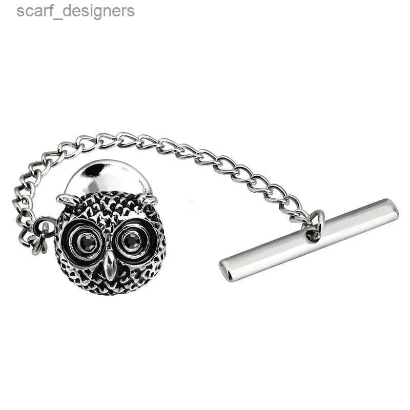 Tie Clips New Arrival Owl Tie Tack Tie Pin with Chain Design Mens Regular Necktie Fashion Jewelry Y240411