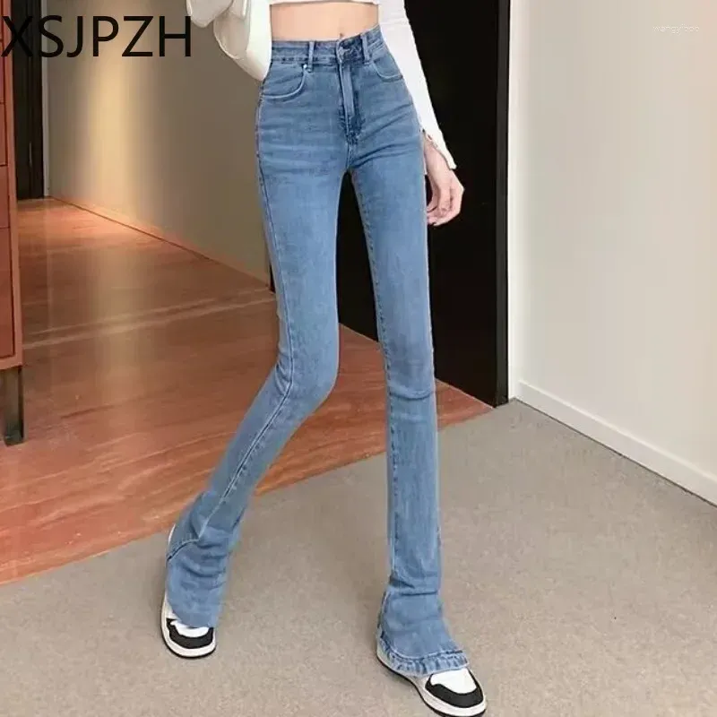 Jeans feminino xsjpzh Horseshoe forma temperamento de cintura alta e fita nádegas mostram calças de moda longa e longa