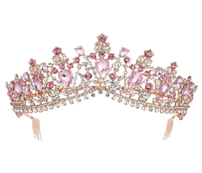 Barok Rose Gold Pink Crystal Bridal Tiara Crown z grzebieniami konkursów Prom Rhinestone Veil Tiara Tiara Opaska Wedding Hair Akcesoria Y1962855